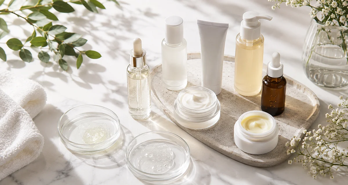 Various skincare products including creams, serums, and bottles displayed on a stone tray. Natural leaves and white flowers complement the setup.